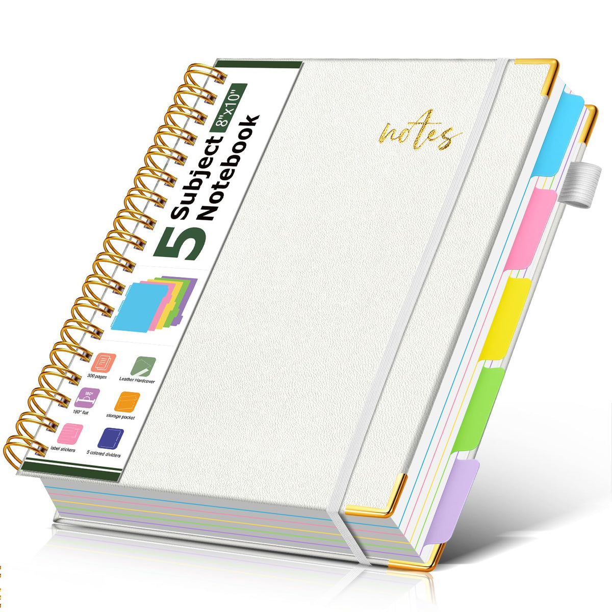 5 Subject Spiral Notebook Journal with Removable Dividers Tabs, 300 Pages Organizer Notebooks for Work School, 8"x10" Hardcover Leather Notebook College Ruled, Large Lined Journal for Women Men,Green