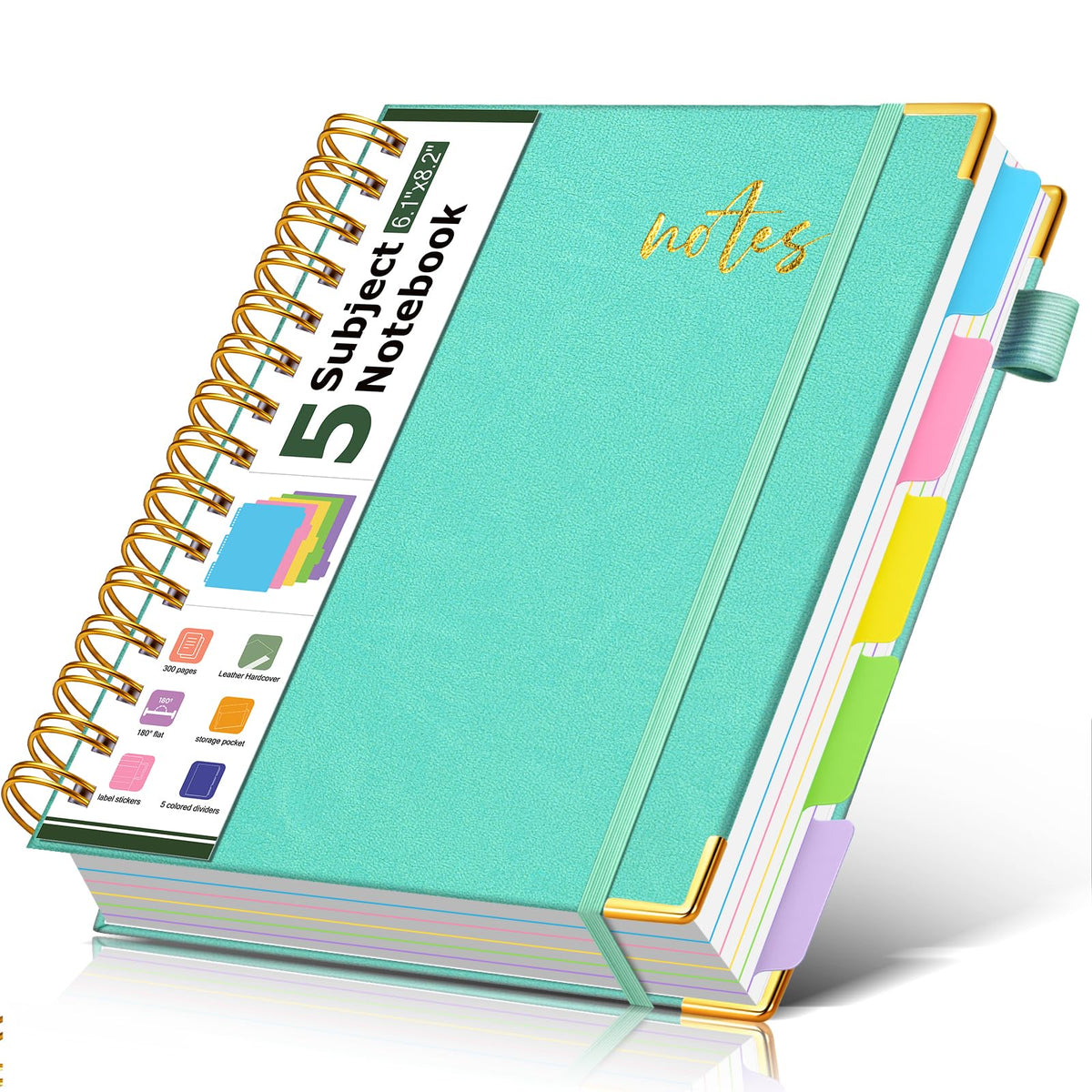 5 Subject Spiral Notebook Journal with Removable Dividers Tabs, 300 Pages Organizer Notebooks for Work School, 8"x10" Hardcover Leather Notebook College Ruled, Large Lined Journal for Women Men,Green