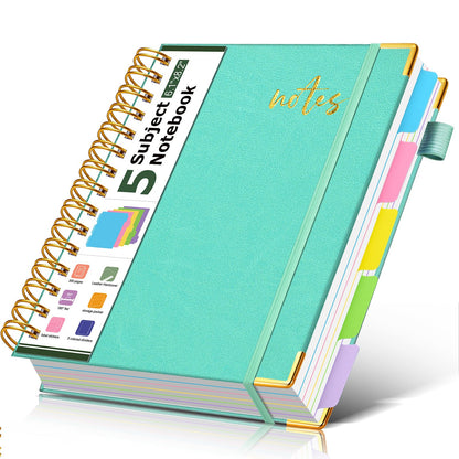 5 Subject Spiral Notebook Journal with Removable Dividers Tabs, 300 Pages Organizer Notebooks for Work School, 8"x10" Hardcover Leather Notebook College Ruled, Large Lined Journal for Women Men,Green
