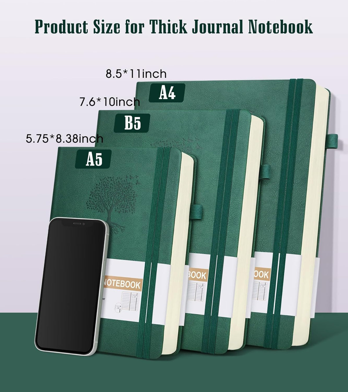 Lined Journal Notebook -365 Pages A5 Thick Journals for Writing Ruled Notebook, Hardcover Leather Journal for Women Men Daily Journal Notebook for Work, Note Taking, 100Gsm Lined Paper( 5.75'' X 8.38'' Green)