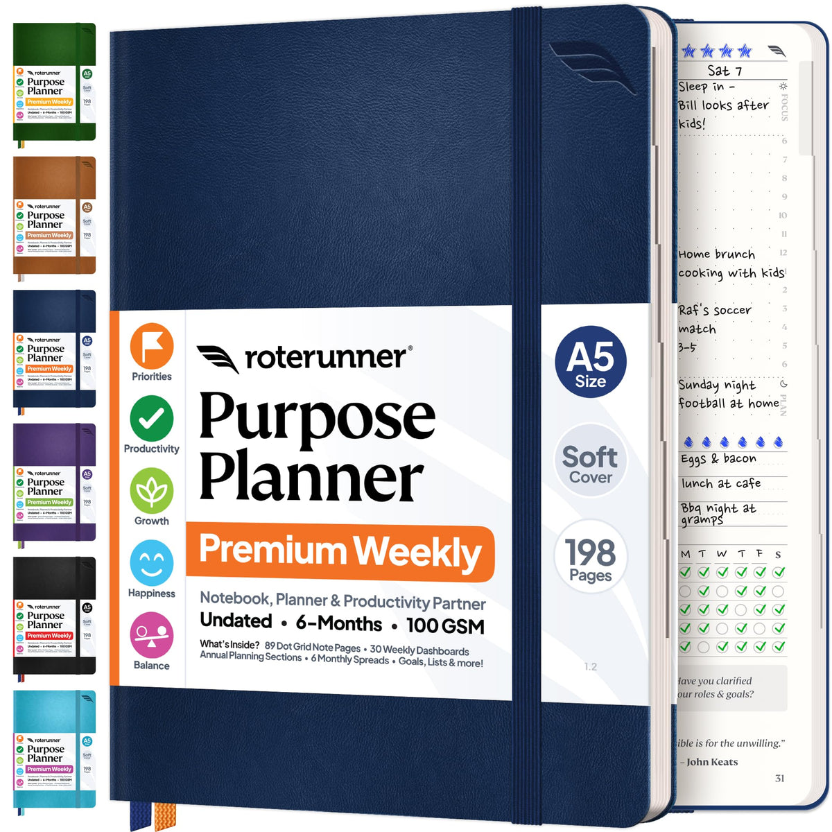 Roterunner Purpose Planner Notebook A5 5.8”x8.3” Undated 2026 Daily Weekly and Monthly Productivity Goal Setting Tool for Work Home ADHD Planner for Adults Self Care Journal (Tan Hardcover)