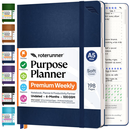 Roterunner Purpose Planner Notebook A5 5.8”x8.3” Undated 2026 Daily Weekly and Monthly Productivity Goal Setting Tool for Work Home ADHD Planner for Adults Self Care Journal (Tan Hardcover)