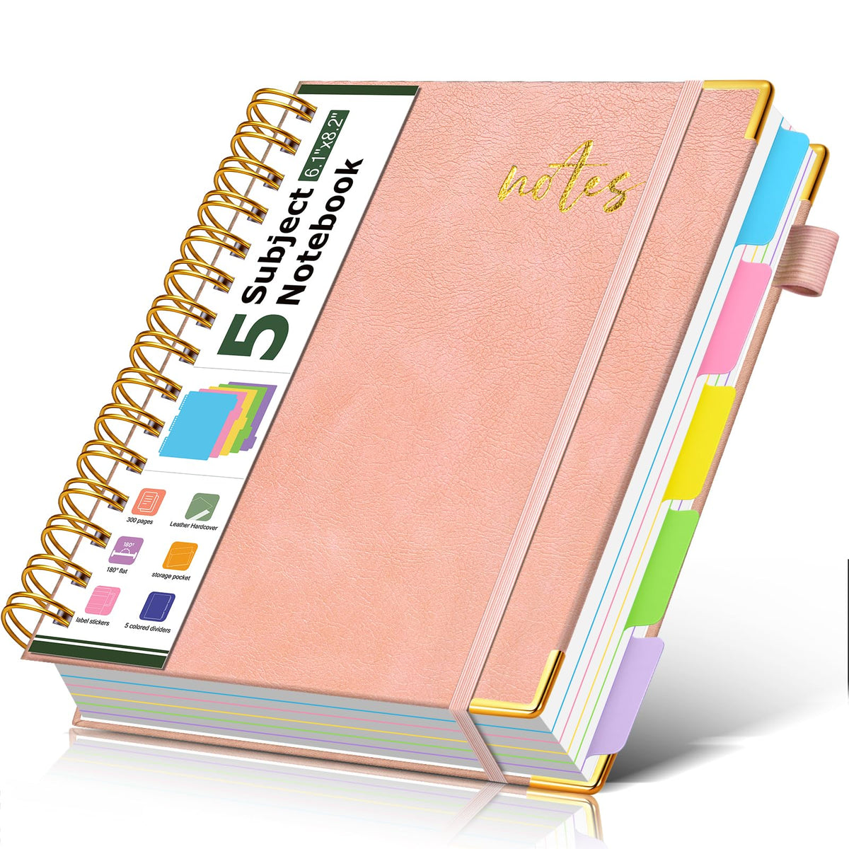 5 Subject Spiral Notebook Journal with Removable Dividers Tabs, 300 Pages Organizer Notebooks for Work School, 8"x10" Hardcover Leather Notebook College Ruled, Large Lined Journal for Women Men,Green