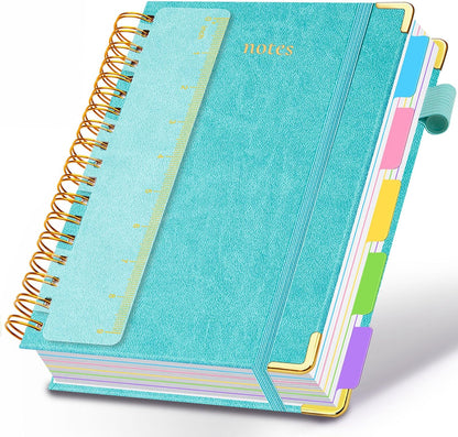 Hardcover Spiral Notebook 8"x10" Journal Notebook with Tabs and Removable Dividers 300 Pages 5 Subject Notebook College Ruled, Faux Leather Spiral Bound Notebook for Women School Work (Blue)