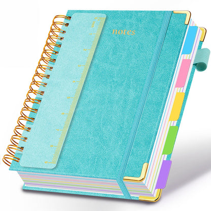 Hardcover Spiral Notebook 8"x10" Journal Notebook with Tabs and Removable Dividers 300 Pages 5 Subject Notebook College Ruled, Faux Leather Spiral Bound Notebook for Women School Work (Blue)