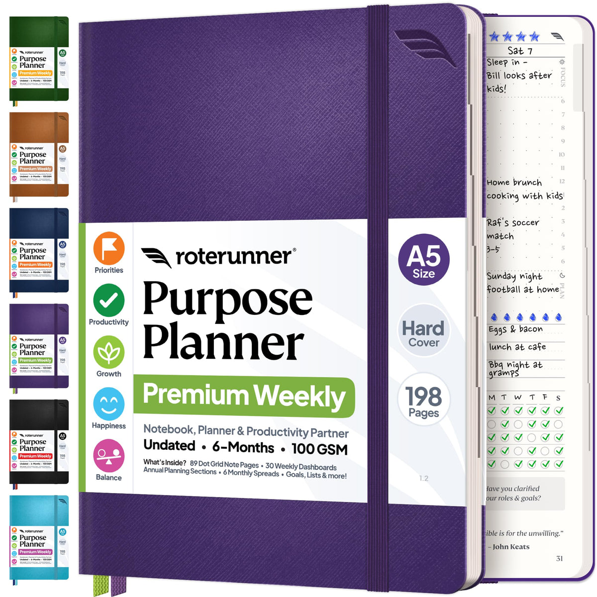 Roterunner Purpose Planner Notebook A5 5.8”x8.3” Undated 2026 Daily Weekly and Monthly Productivity Goal Setting Tool for Work Home ADHD Planner for Adults Self Care Journal (Tan Hardcover)