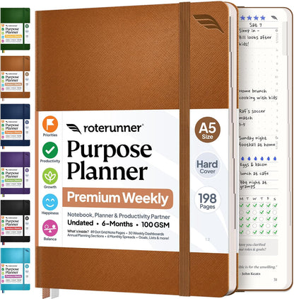 Roterunner Purpose Planner Notebook A5 5.8”x8.3” Undated 2026 Daily Weekly and Monthly Productivity Goal Setting Tool for Work Home ADHD Planner for Adults Self Care Journal (Tan Hardcover)