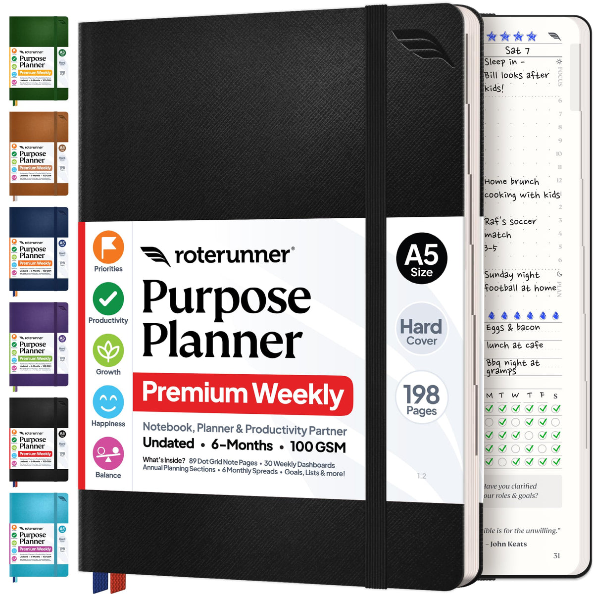 Roterunner Purpose Planner Notebook A5 5.8”x8.3” Undated 2026 Daily Weekly and Monthly Productivity Goal Setting Tool for Work Home ADHD Planner for Adults Self Care Journal (Tan Hardcover)