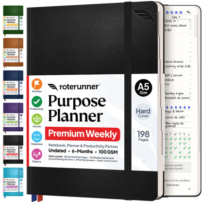 Roterunner Purpose Planner Notebook A5 5.8”x8.3” Undated 2026 Daily Weekly and Monthly Productivity Goal Setting Tool for Work Home ADHD Planner for Adults Self Care Journal (Tan Hardcover)