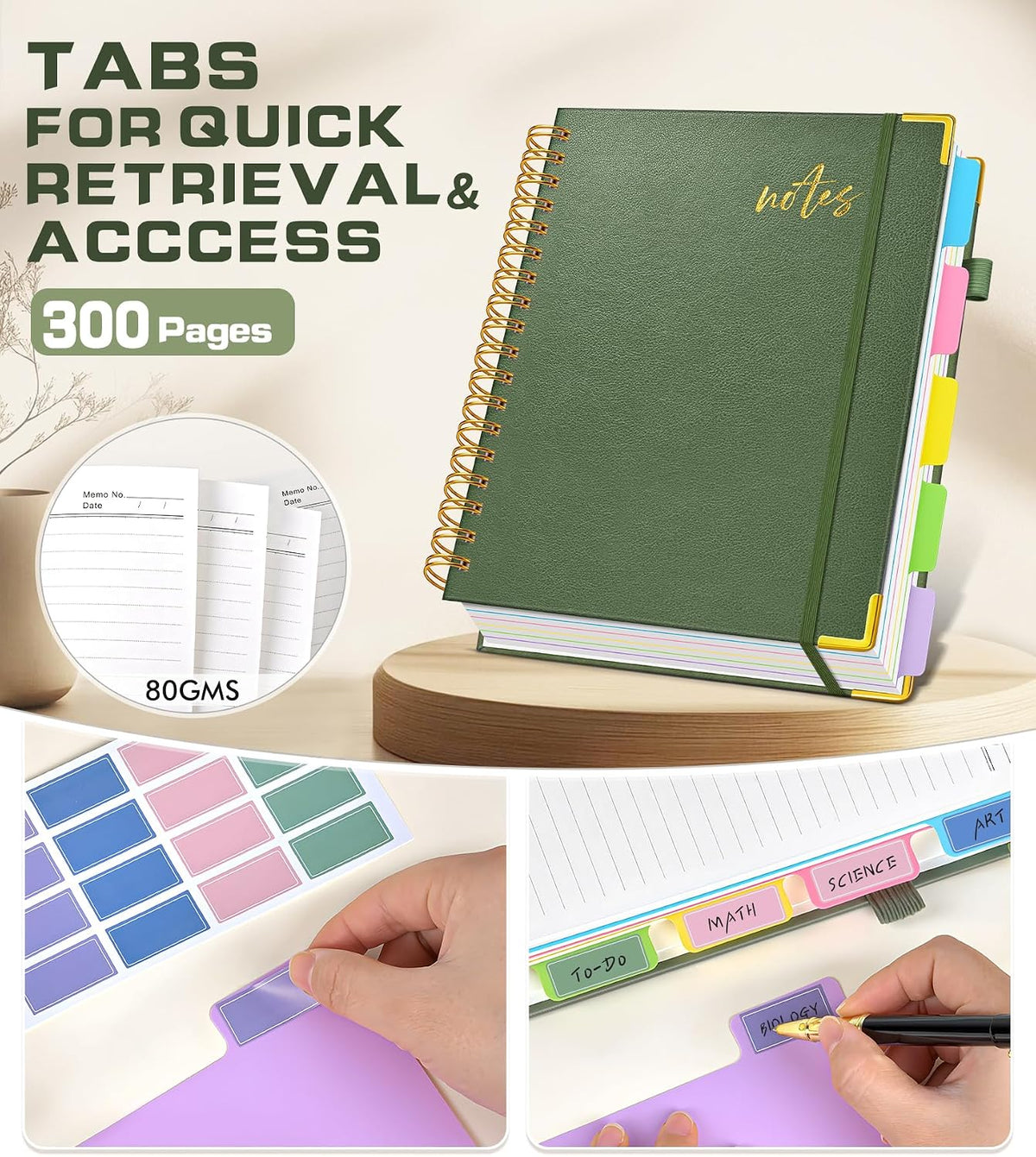 5 Subject Spiral Notebook Journal with Removable Dividers Tabs, 300 Pages Organizer Notebooks for Work School, 8"x10" Hardcover Leather Notebook College Ruled, Large Lined Journal for Women Men,Green