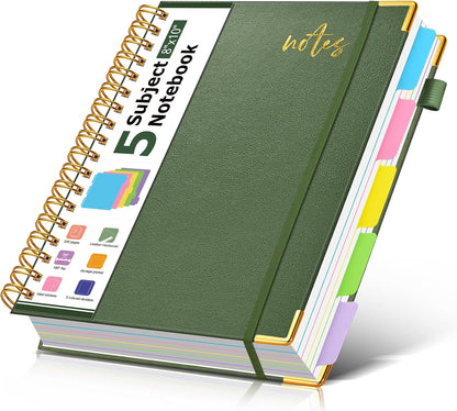 5 Subject Spiral Notebook Journal with Removable Dividers Tabs, 300 Pages Organizer Notebooks for Work School, 8"x10" Hardcover Leather Notebook College Ruled, Large Lined Journal for Women Men,Green