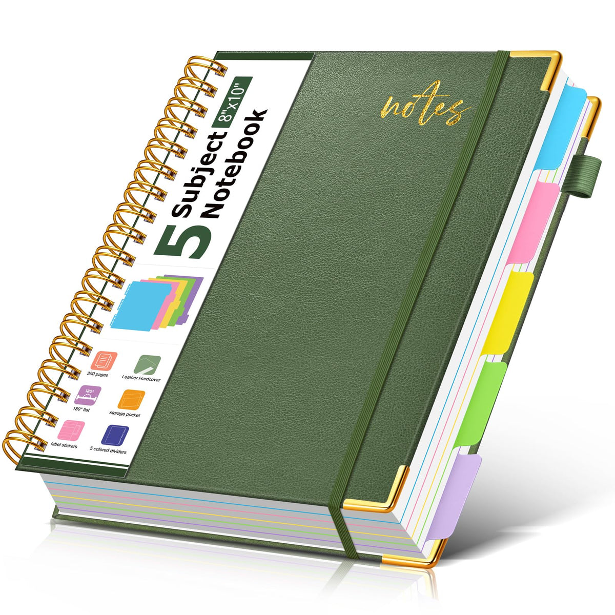 5 Subject Spiral Notebook Journal with Removable Dividers Tabs, 300 Pages Organizer Notebooks for Work School, 8"x10" Hardcover Leather Notebook College Ruled, Large Lined Journal for Women Men,Green