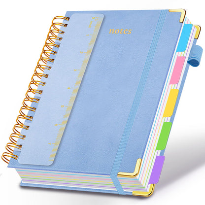 Hardcover Spiral Notebook 8"x10" Journal Notebook with Tabs and Removable Dividers 300 Pages 5 Subject Notebook College Ruled, Faux Leather Spiral Bound Notebook for Women School Work (Blue)