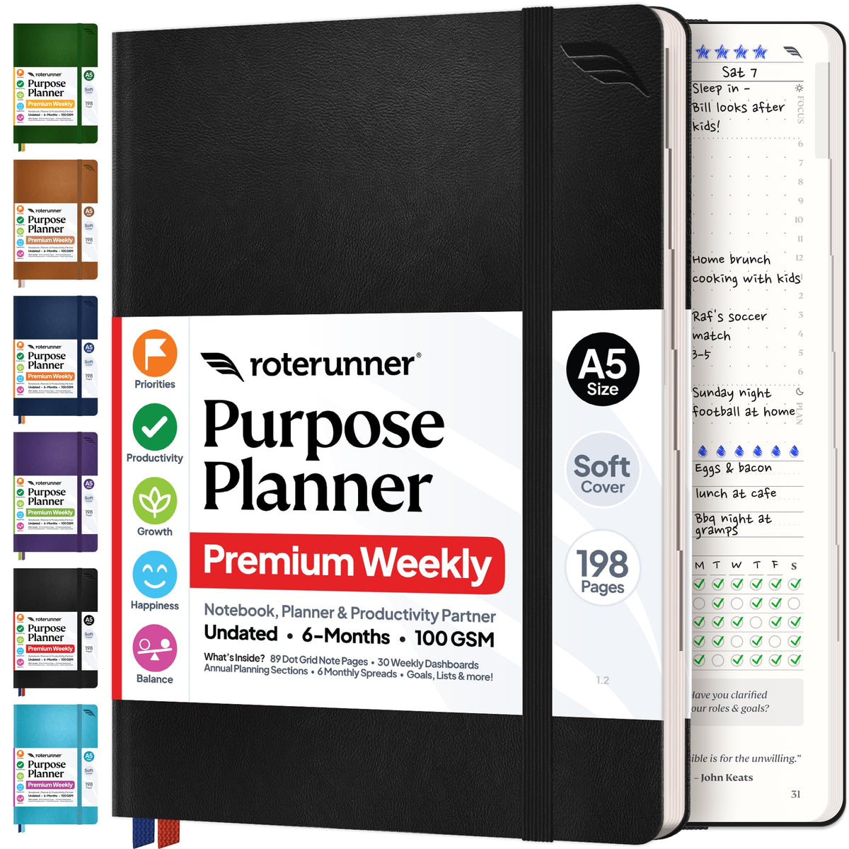 Roterunner Purpose Planner Notebook A5 5.8”x8.3” Undated 2026 Daily Weekly and Monthly Productivity Goal Setting Tool for Work Home ADHD Planner for Adults Self Care Journal (Tan Hardcover)