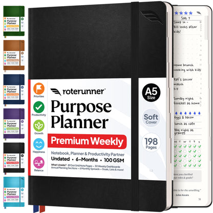 Roterunner Purpose Planner Notebook A5 5.8”x8.3” Undated 2026 Daily Weekly and Monthly Productivity Goal Setting Tool for Work Home ADHD Planner for Adults Self Care Journal (Tan Hardcover)