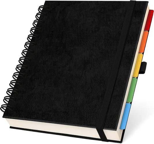 Hardcover Lined Spiral Notebook with Removable Dividers Leather Bound Black