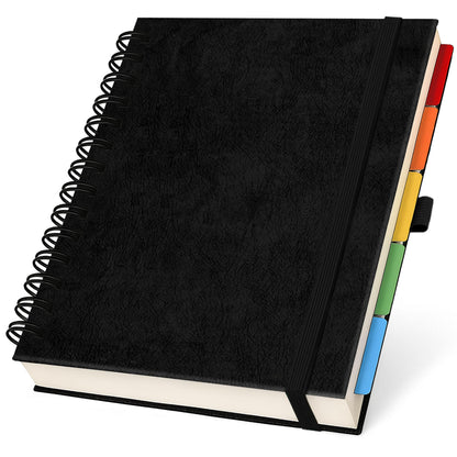 Hardcover Lined Spiral Notebook with Removable Dividers Leather Bound Black