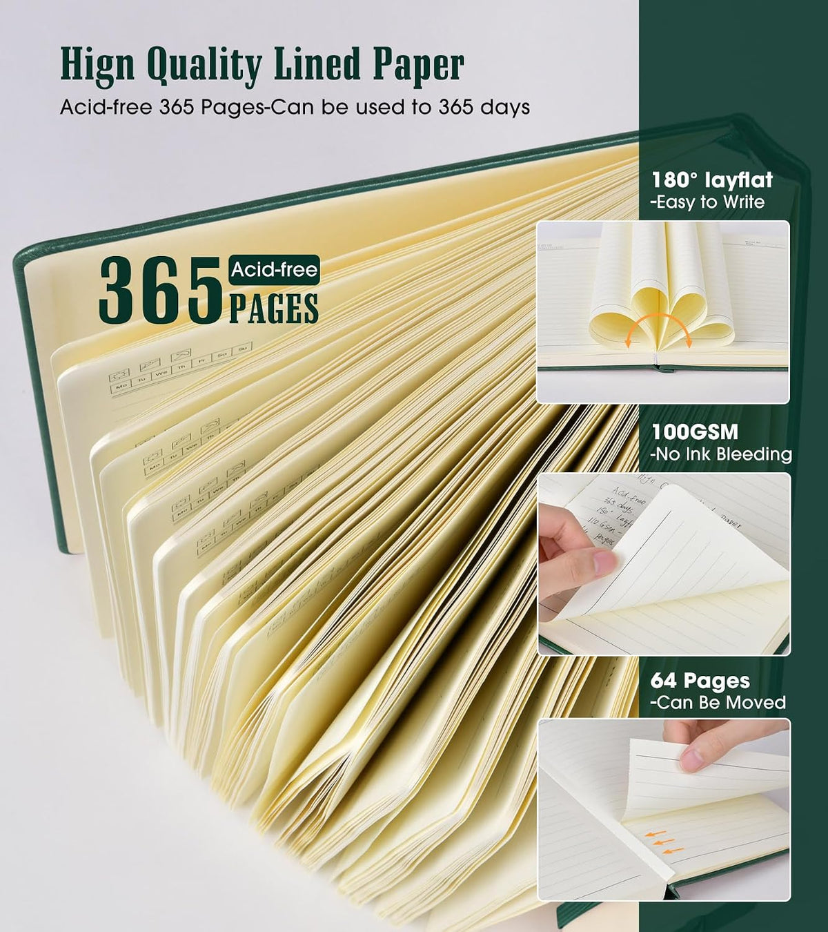 Lined Journal Notebook -365 Pages A5 Thick Journals for Writing Ruled Notebook, Hardcover Leather Journal for Women Men Daily Journal Notebook for Work, Note Taking, 100Gsm Lined Paper( 5.75'' X 8.38'' Green)