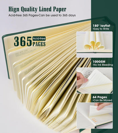 Lined Journal Notebook -365 Pages A5 Thick Journals for Writing Ruled Notebook, Hardcover Leather Journal for Women Men Daily Journal Notebook for Work, Note Taking, 100Gsm Lined Paper( 5.75'' X 8.38'' Green)