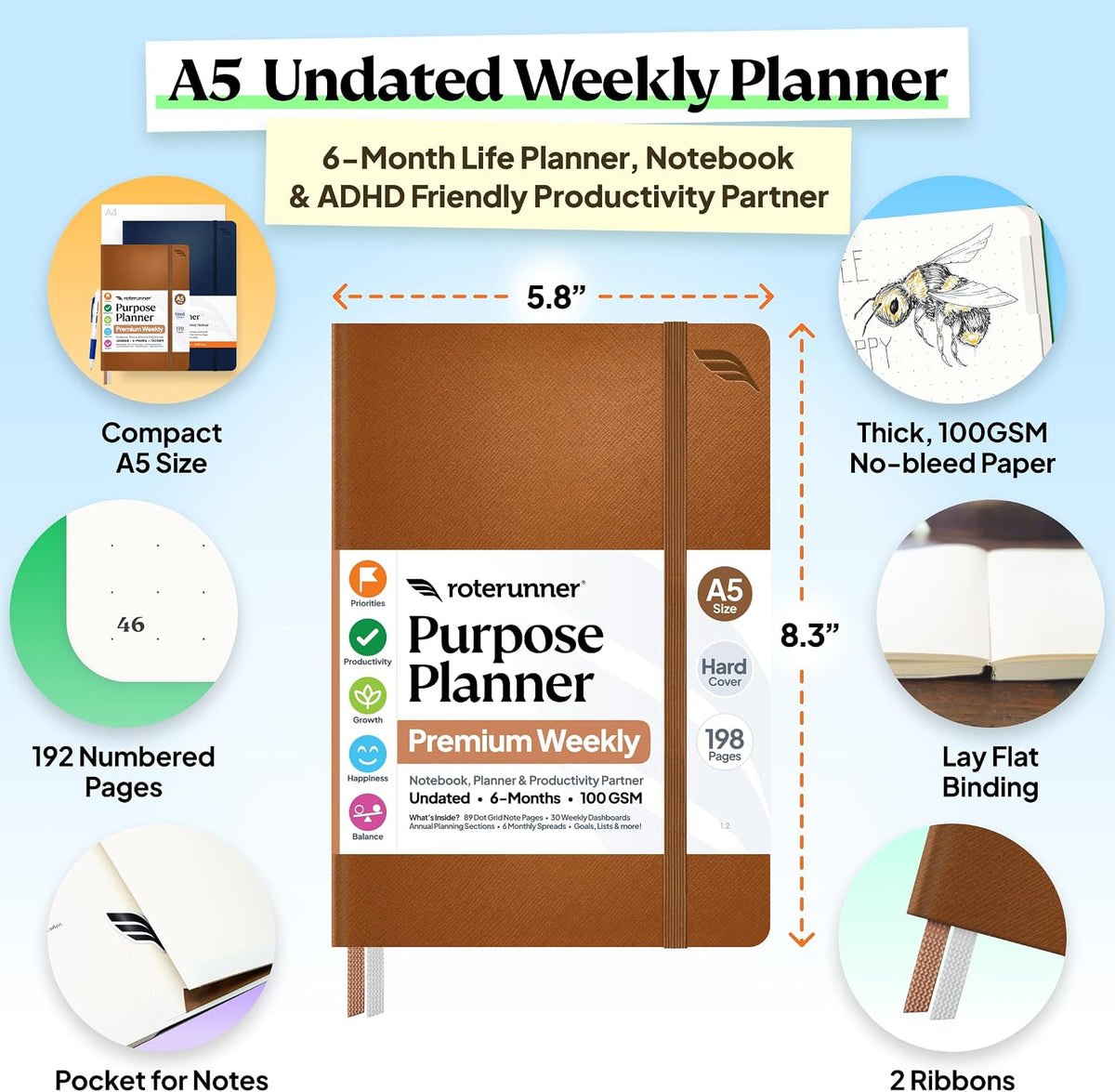 Roterunner Purpose Planner Notebook A5 5.8”x8.3” Undated 2026 Daily Weekly and Monthly Productivity Goal Setting Tool for Work Home ADHD Planner for Adults Self Care Journal (Tan Hardcover)