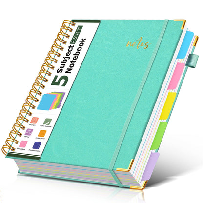 5 Subject Spiral Notebook Journal with Removable Dividers Tabs, 300 Pages Organizer Notebooks for Work School, 8"x10" Hardcover Leather Notebook College Ruled, Large Lined Journal for Women Men,Green