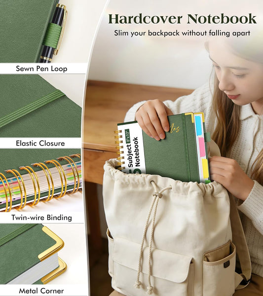 5 Subject Spiral Notebook Journal with Removable Dividers Tabs, 300 Pages Organizer Notebooks for Work School, 8"x10" Hardcover Leather Notebook College Ruled, Large Lined Journal for Women Men,Green