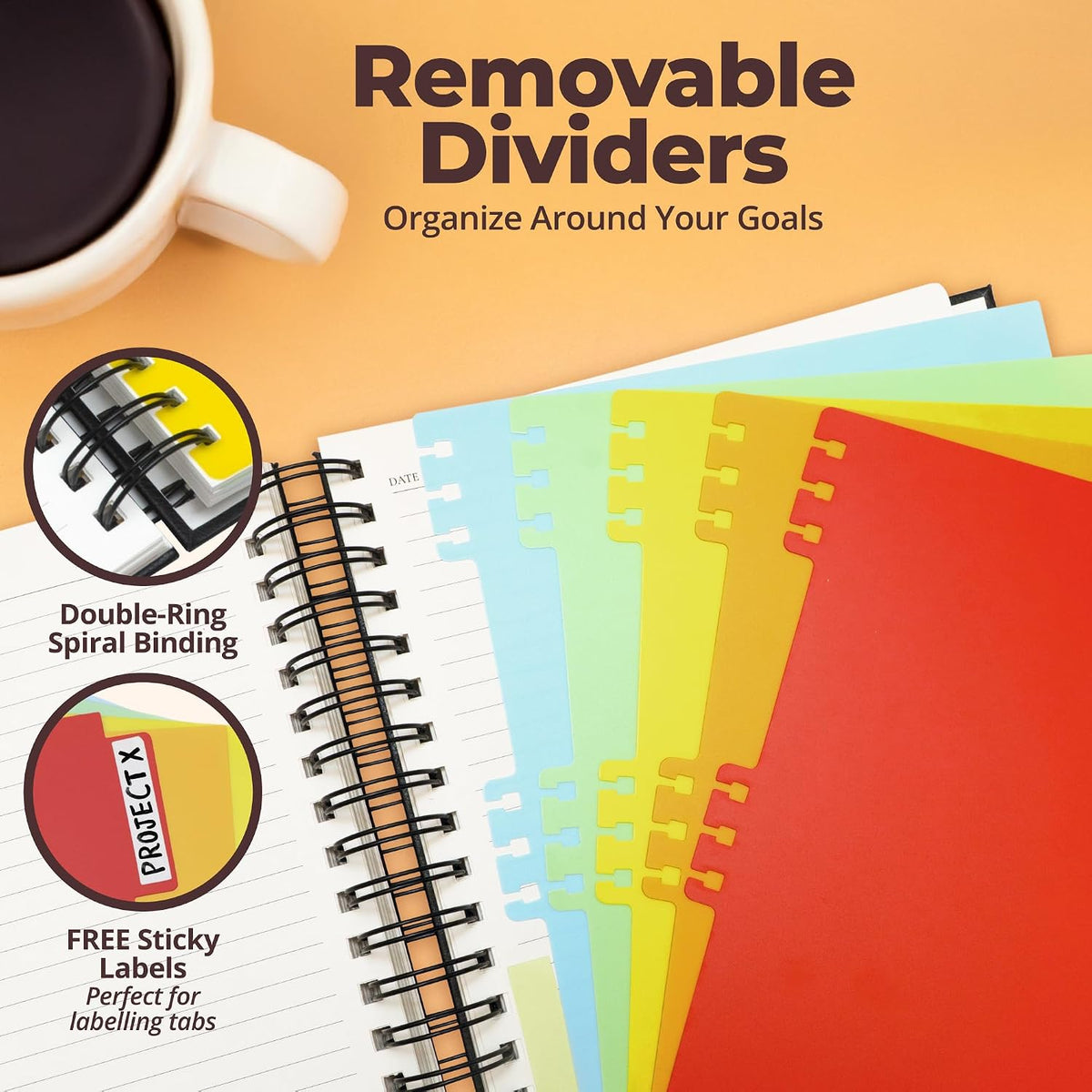 Hardcover Lined Spiral Notebook with Removable Dividers Leather Bound Black