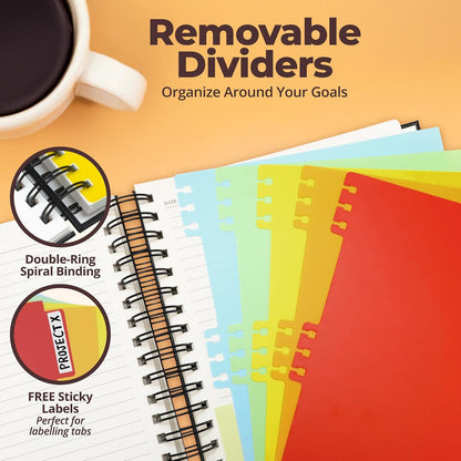 Hardcover Lined Spiral Notebook with Removable Dividers Leather Bound Black