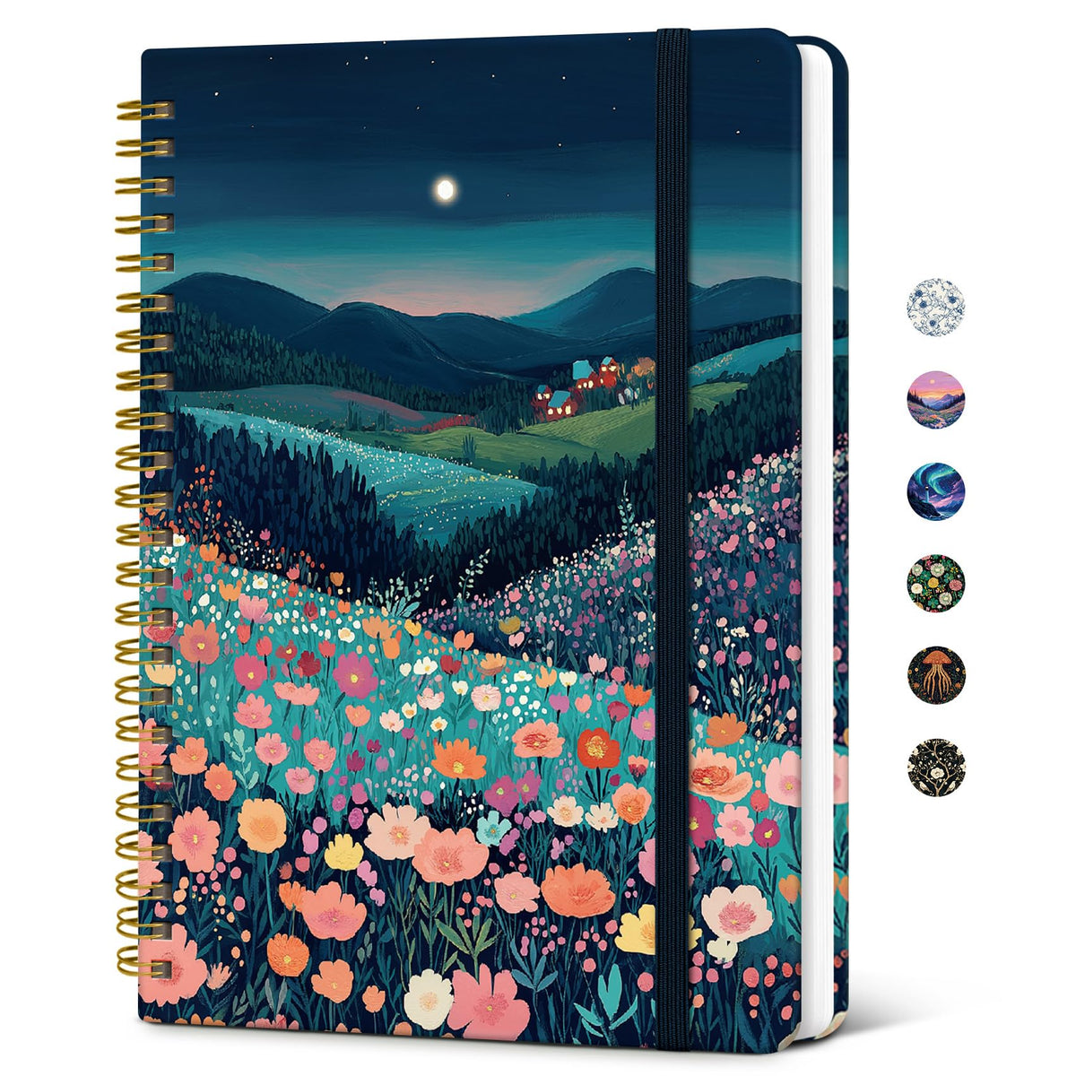 Taja Lined Spiral Journal Notebook for Women, Pretty College Ruled Notebook for Work & Note Taking, A5 Hardcover Journal for Writing, Cute Aesthetic 140 Pages, Midnight Bloom
