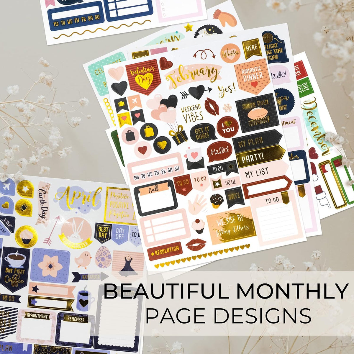 Aesthetic Greenery Planner Stickers - 1100+ Gold Foil Monthly Designs
