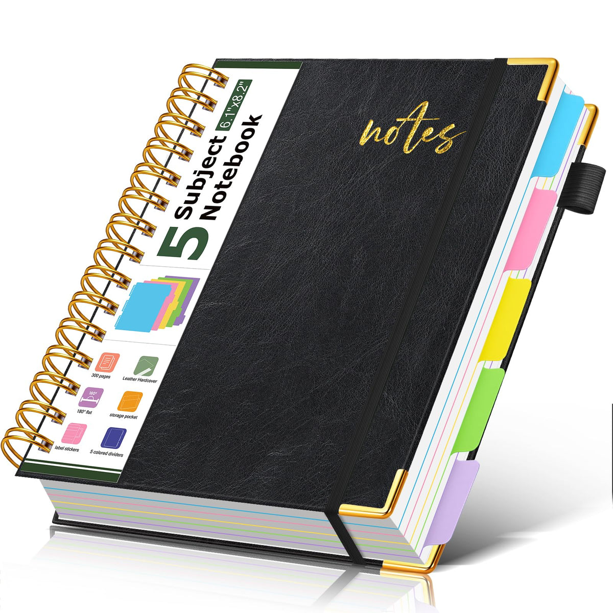 5 Subject Spiral Notebook Journal with Removable Dividers Tabs, 300 Pages Organizer Notebooks for Work School, 8"x10" Hardcover Leather Notebook College Ruled, Large Lined Journal for Women Men,Green