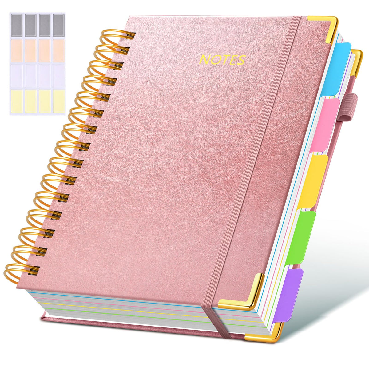 Hardcover Spiral Notebook journal with Removable Dividers Tabs, 300 Pages Leather 5 Subject Notebook College Ruled, 8"x10" Large B5 Notebooks for Work School Note taking, Lined Journal for Women,Pink