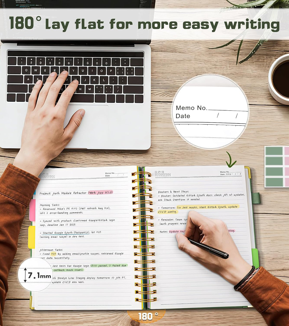 5 Subject Spiral Notebook Journal with Removable Dividers Tabs, 300 Pages Organizer Notebooks for Work School, 8"x10" Hardcover Leather Notebook College Ruled, Large Lined Journal for Women Men,Green
