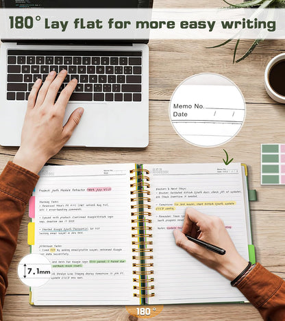 5 Subject Spiral Notebook Journal with Removable Dividers Tabs, 300 Pages Organizer Notebooks for Work School, 8"x10" Hardcover Leather Notebook College Ruled, Large Lined Journal for Women Men,Green
