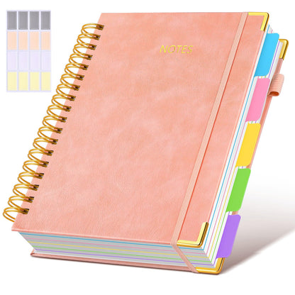 Hardcover Spiral Notebook journal with Removable Dividers Tabs, 300 Pages Leather 5 Subject Notebook College Ruled, 8"x10" Large B5 Notebooks for Work School Note taking, Lined Journal for Women,Pink