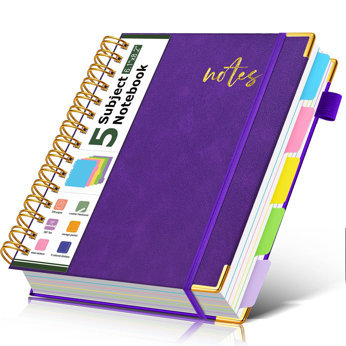 5 Subject Spiral Notebook Journal with Removable Dividers Tabs, 300 Pages Organizer Notebooks for Work School, 8"x10" Hardcover Leather Notebook College Ruled, Large Lined Journal for Women Men,Green