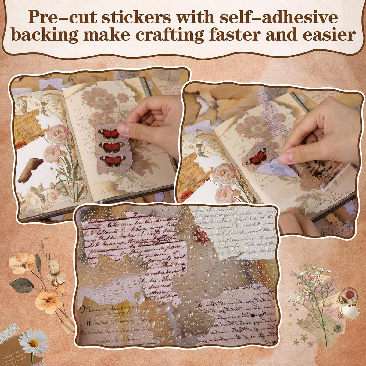 103PCS Vintage Scrapbook Stickers Book Scrap Book Stickers for Scrapbooking, Junk Journal Sticker Book Supplies Transparent Clear Flower Floral Sticker Big Small Scrapbook Supplies Kids (Burnt Paper)