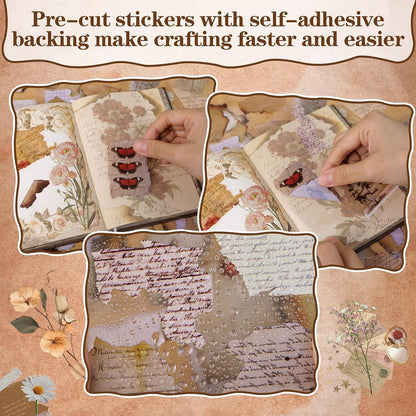 103PCS Vintage Scrapbook Stickers Book Scrap Book Stickers for Scrapbooking, Junk Journal Sticker Book Supplies Transparent Clear Flower Floral Sticker Big Small Scrapbook Supplies Kids (Burnt Paper)