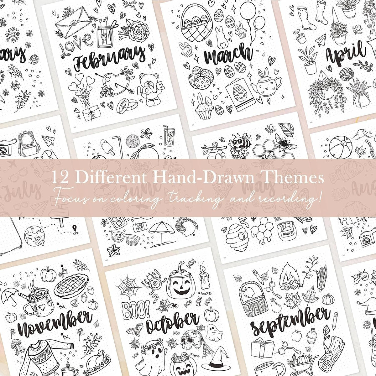 Everloria Premade Dotted Journal Notebook, 12 Months Pre-made Bullet Templates, 260 Hand-Drawn Coloring Pages, Undated Weekly & Monthly Planner, 7.8"x9.3" Leather Dot Grid Habit Mood Tracker