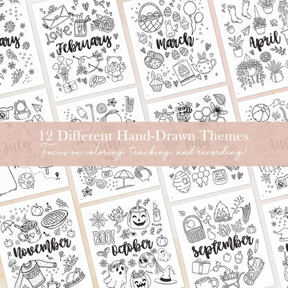 Everloria Premade Dotted Journal Notebook, 12 Months Pre-made Bullet Templates, 260 Hand-Drawn Coloring Pages, Undated Weekly & Monthly Planner, 7.8"x9.3" Leather Dot Grid Habit Mood Tracker