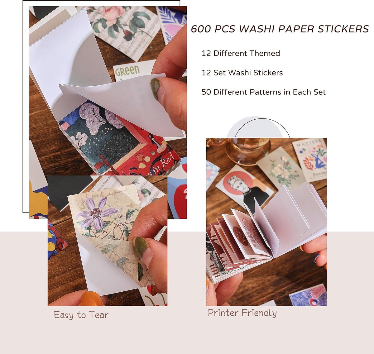 12 Sets 600 Sheets Washi Stickers for Journaling, Boho, Abstract, Vintage Scrapbook Sticker Set for Bullet Journal Art Diary Card Craft Gifts Planner Notebook