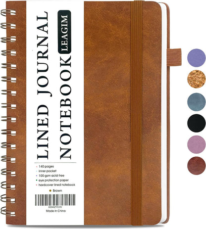 LEAGIM Lined Spiral Journal Notebook for Women & Men, College Ruled Hardcover Notebook for Work & Note Taking, Journals for Writing, 100 GSM, Business, School, 140 Pages, A5(5.8"x8.5") - Brown