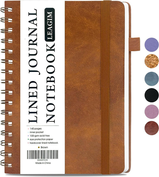 LEAGIM Lined Spiral Journal Notebook for Women & Men, College Ruled Hardcover Notebook for Work & Note Taking, Journals for Writing, 100 GSM, Business, School, 140 Pages, A5(5.8"x8.5") - Brown