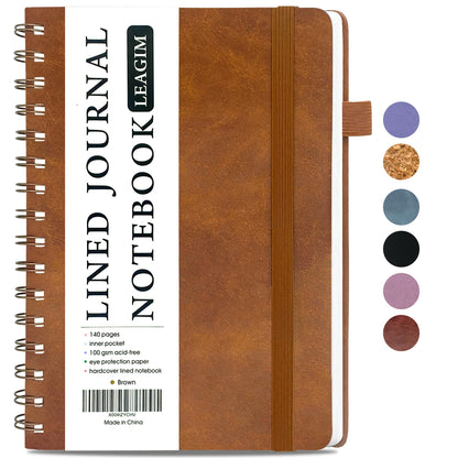 LEAGIM Lined Spiral Journal Notebook for Women & Men, College Ruled Hardcover Notebook for Work & Note Taking, Journals for Writing, 100 GSM, Business, School, 140 Pages, A5(5.8"x8.5") - Brown