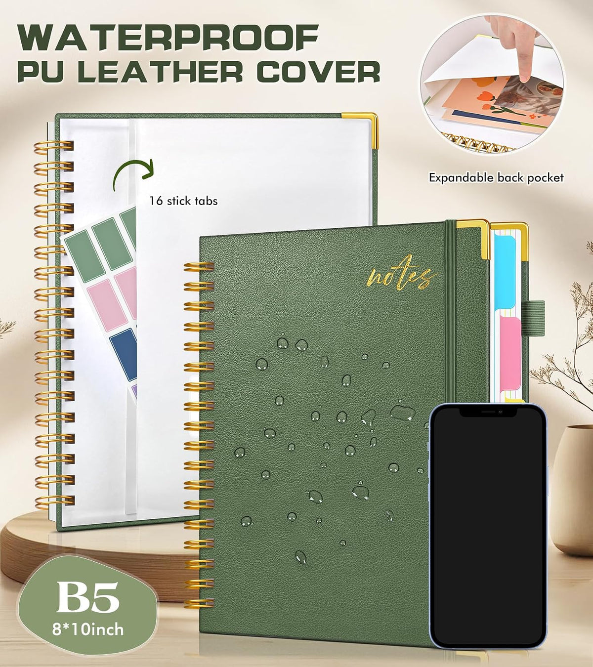 5 Subject Spiral Notebook Journal with Removable Dividers Tabs, 300 Pages Organizer Notebooks for Work School, 8"x10" Hardcover Leather Notebook College Ruled, Large Lined Journal for Women Men,Green