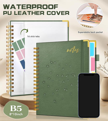 5 Subject Spiral Notebook Journal with Removable Dividers Tabs, 300 Pages Organizer Notebooks for Work School, 8"x10" Hardcover Leather Notebook College Ruled, Large Lined Journal for Women Men,Green