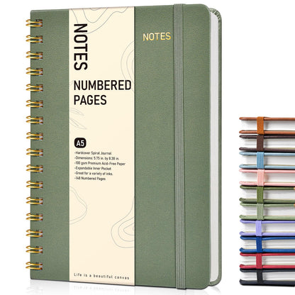 Lined Spiral Journal Notebook, A5 Hardcover Spiral Journals for Women Men, 150 Numbered Pages Spiral Bound Notebook, 100 GSM College Ruled Notebooks for Work, Note Taking 5.75" x 8.38", Olive Green