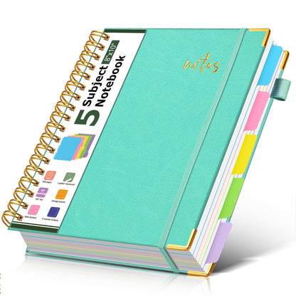 5 Subject Spiral Notebook Journal with Removable Dividers Tabs, 300 Pages Organizer Notebooks for Work School, 8"x10" Hardcover Leather Notebook College Ruled, Large Lined Journal for Women Men,Green