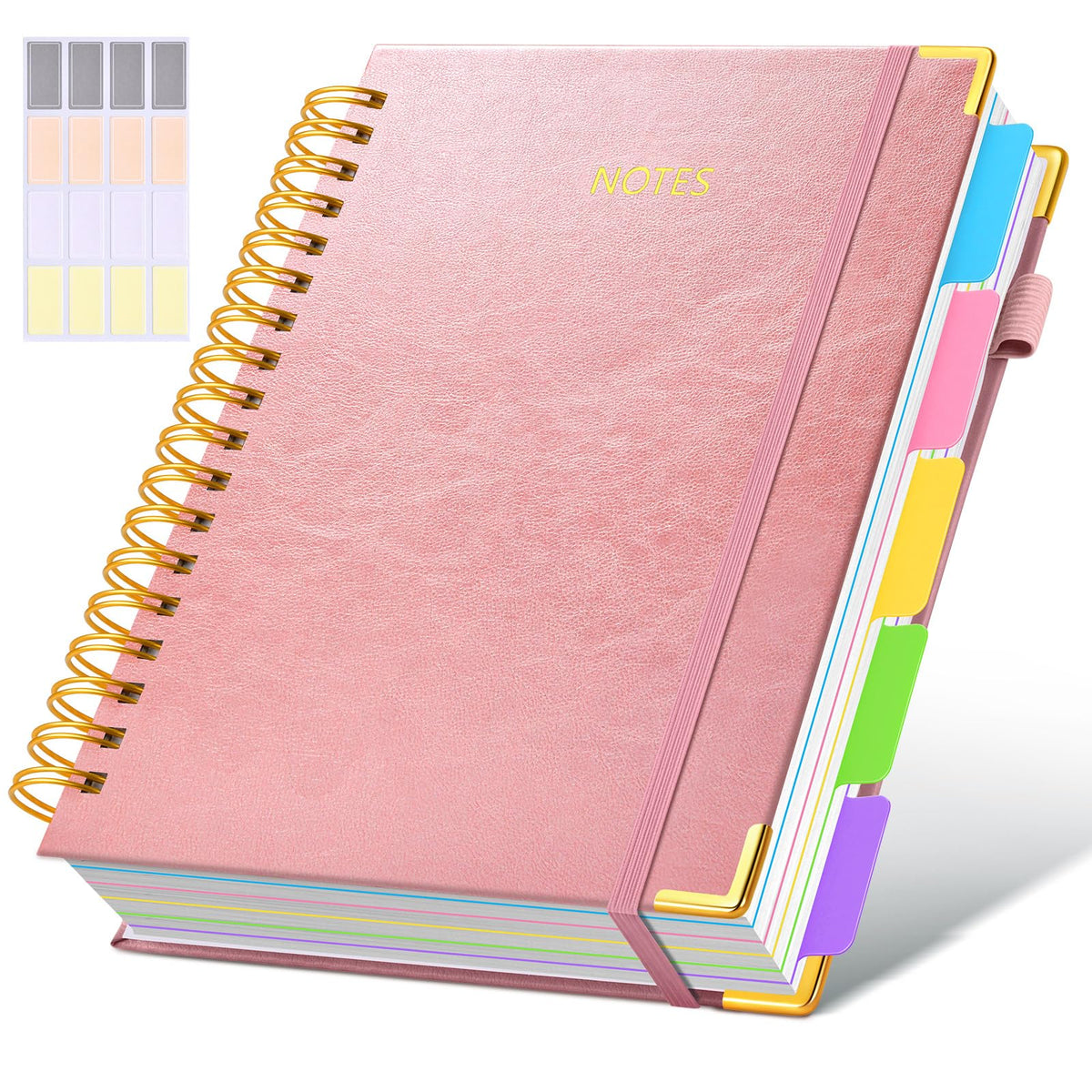 Hardcover Spiral Notebook journal with Removable Dividers Tabs, 300 Pages Leather 5 Subject Notebook College Ruled, 8"x10" Large B5 Notebooks for Work School Note taking, Lined Journal for Women,Pink