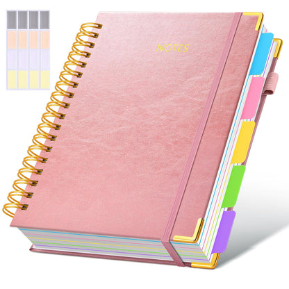 Hardcover Spiral Notebook journal with Removable Dividers Tabs, 300 Pages Leather 5 Subject Notebook College Ruled, 8"x10" Large B5 Notebooks for Work School Note taking, Lined Journal for Women,Pink